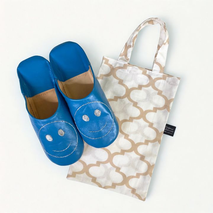 スマイルサブラ バブーシュ ブルー×タイル柄バブーシュバッグ ベージュ セット