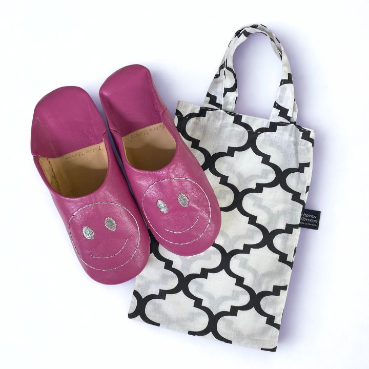 スマイルサブラ バブーシュ ピンク×タイル柄バブーシュバッグ ホワイトブラック セット