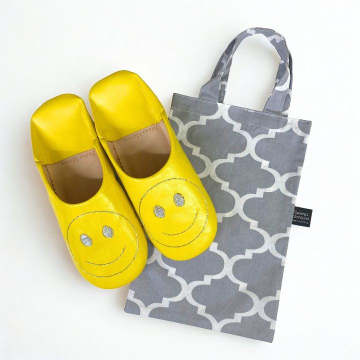 スマイルサブラ バブーシュ イエロー×タイル柄バブーシュバッグ グレー セット