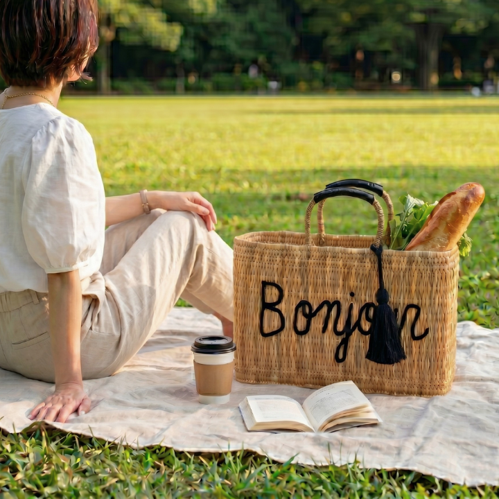 メッセージスクエアバスケット Bonjour　ブラック