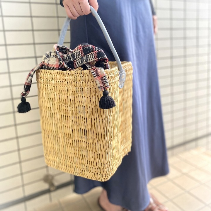 バスケット用巾着　チェックB　ブラック