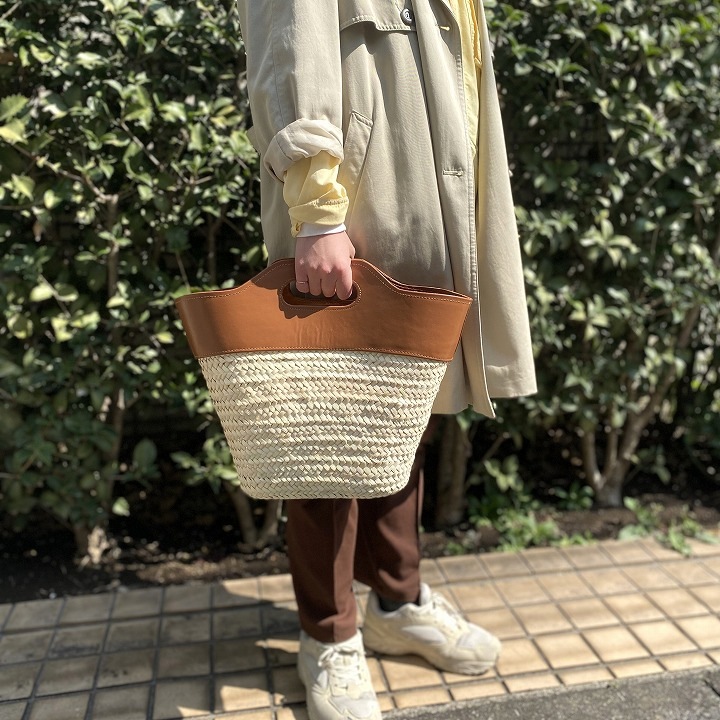 ホールハンドルレザーバスケット　キャメル