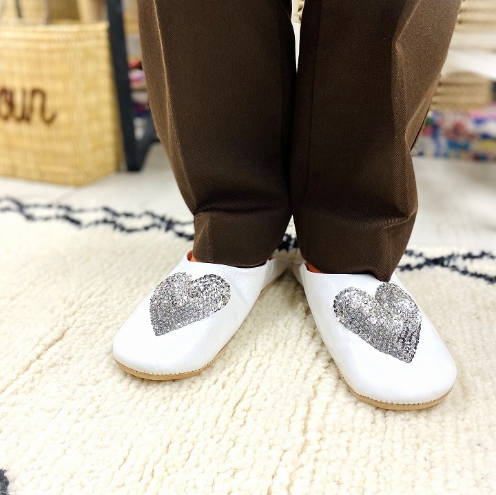 ハートスパンコール バブーシュ ホワイト