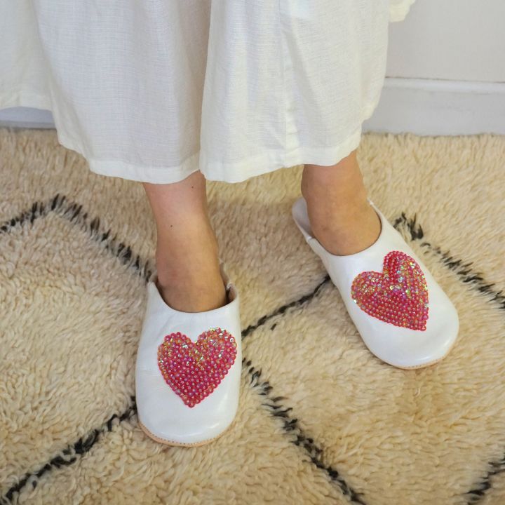 ハートスパンコール バブーシュ ホワイトピンク