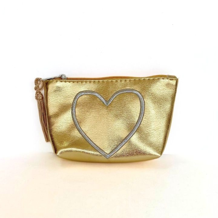 ハート刺繍ミニポーチ　ゴールド