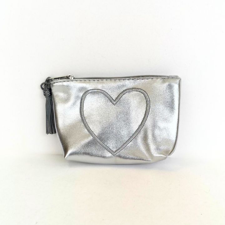 ハート刺繍ミニポーチ　シルバー