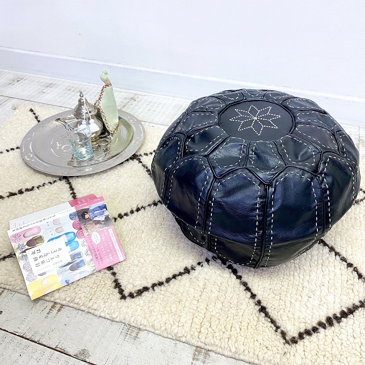 レザーステッチプフS　ブラック