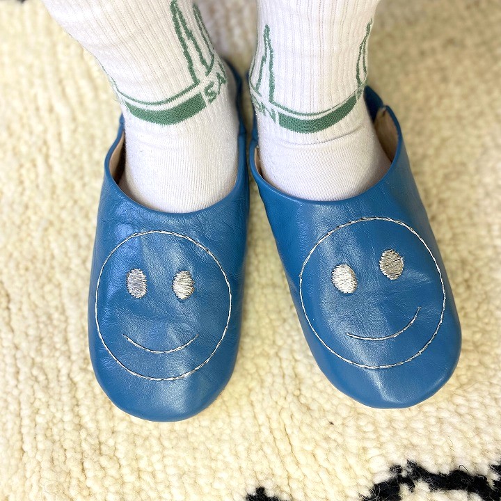 スマイルサブラ バブーシュ ブルー×タイル柄バブーシュバッグ ベージュ セット