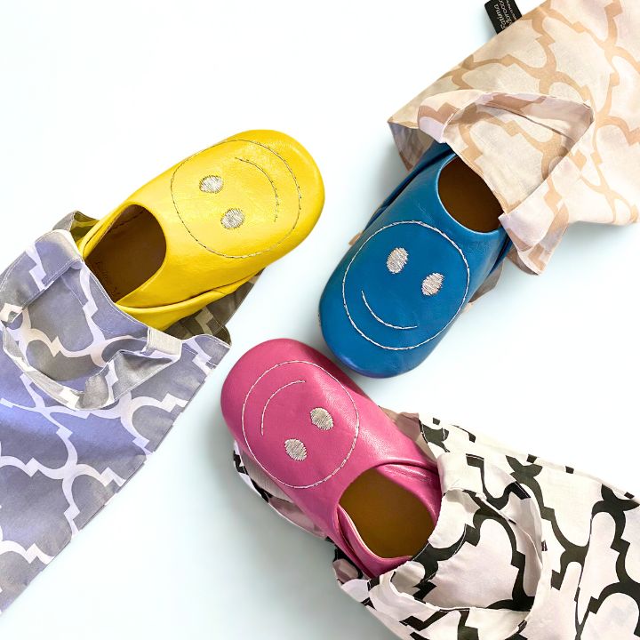 スマイルサブラ バブーシュ ブルー×タイル柄バブーシュバッグ ベージュ セット