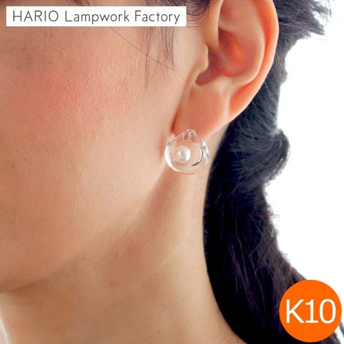 ハリオ ピアス スノーパール K10 パール あこや真珠 ガラス製 HARIO