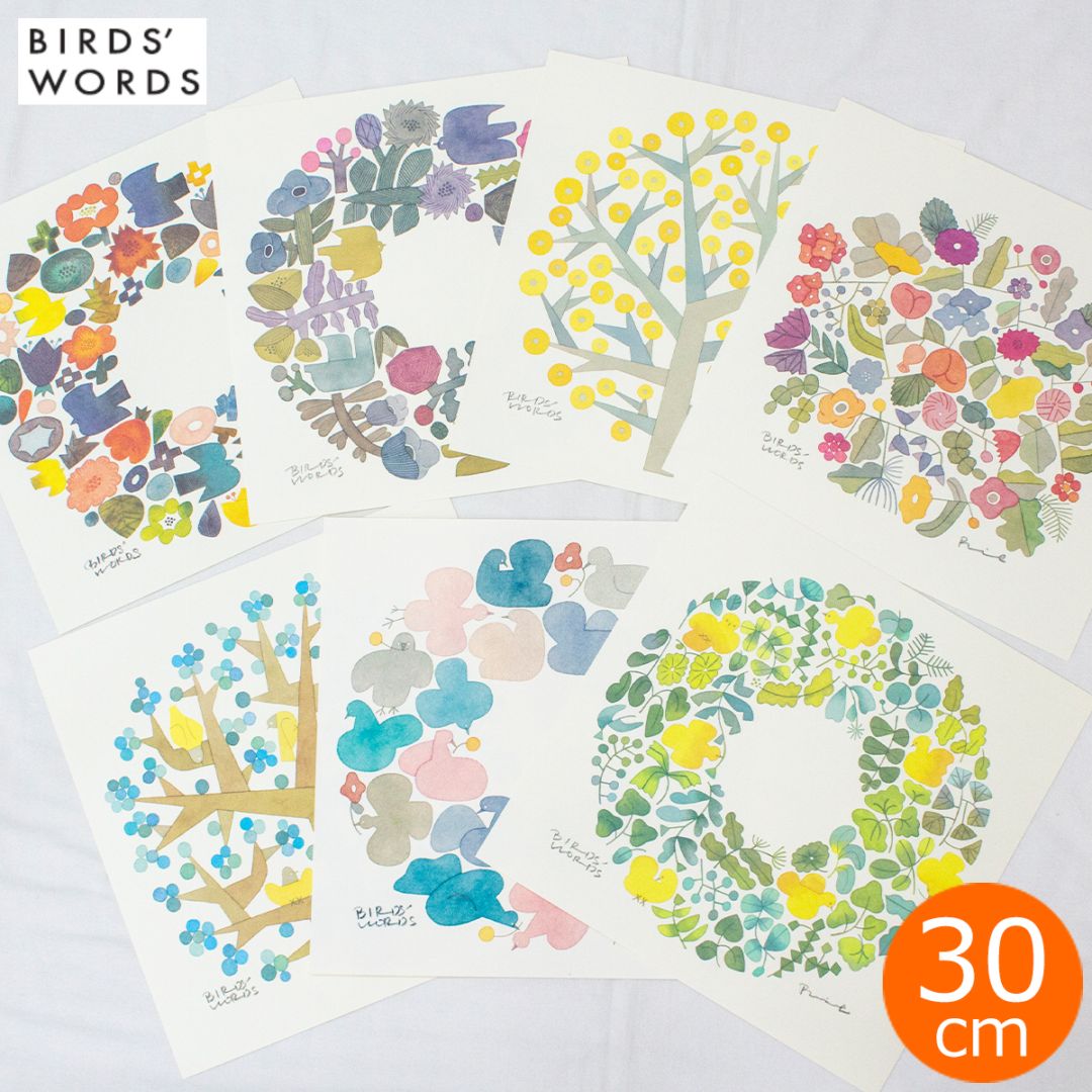 バーズワーズ ポスター 30 正方形 30×30cm 鳥 花 リース ミモザ ブーケ