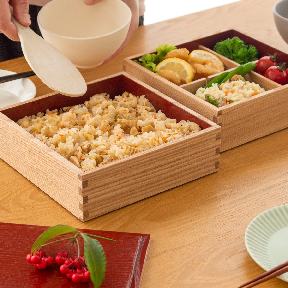 松屋漆器店 重箱 白木塗タモ6.0 三段 6寸 内朱 白木 約18×18cm 木製