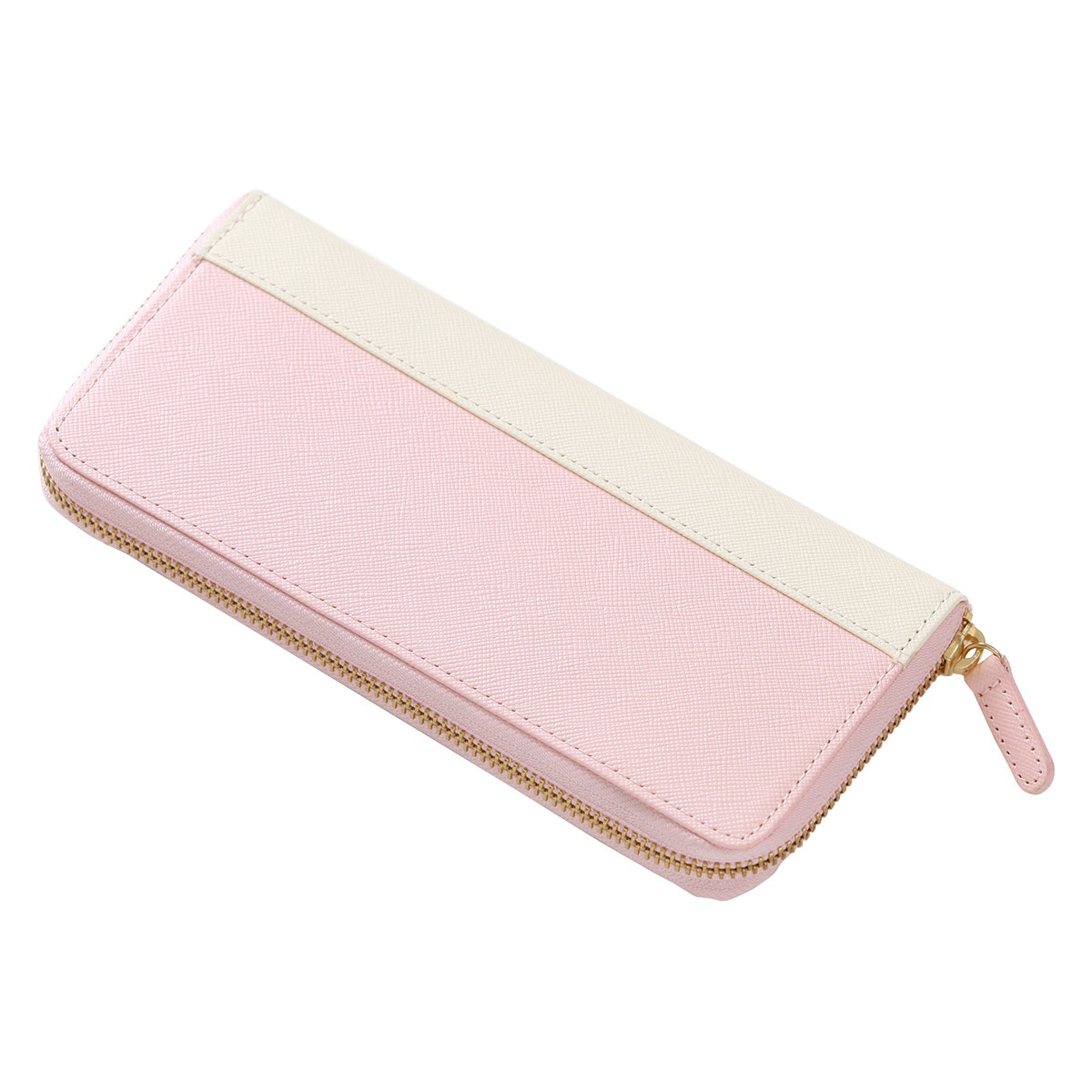 未使用 ノベルティ 長財布 オフホワイト×ピンク ラウンドファスナー ウォレット 長財布 ラウンドファスナー レディース 革 本革 バイカラー プリズム