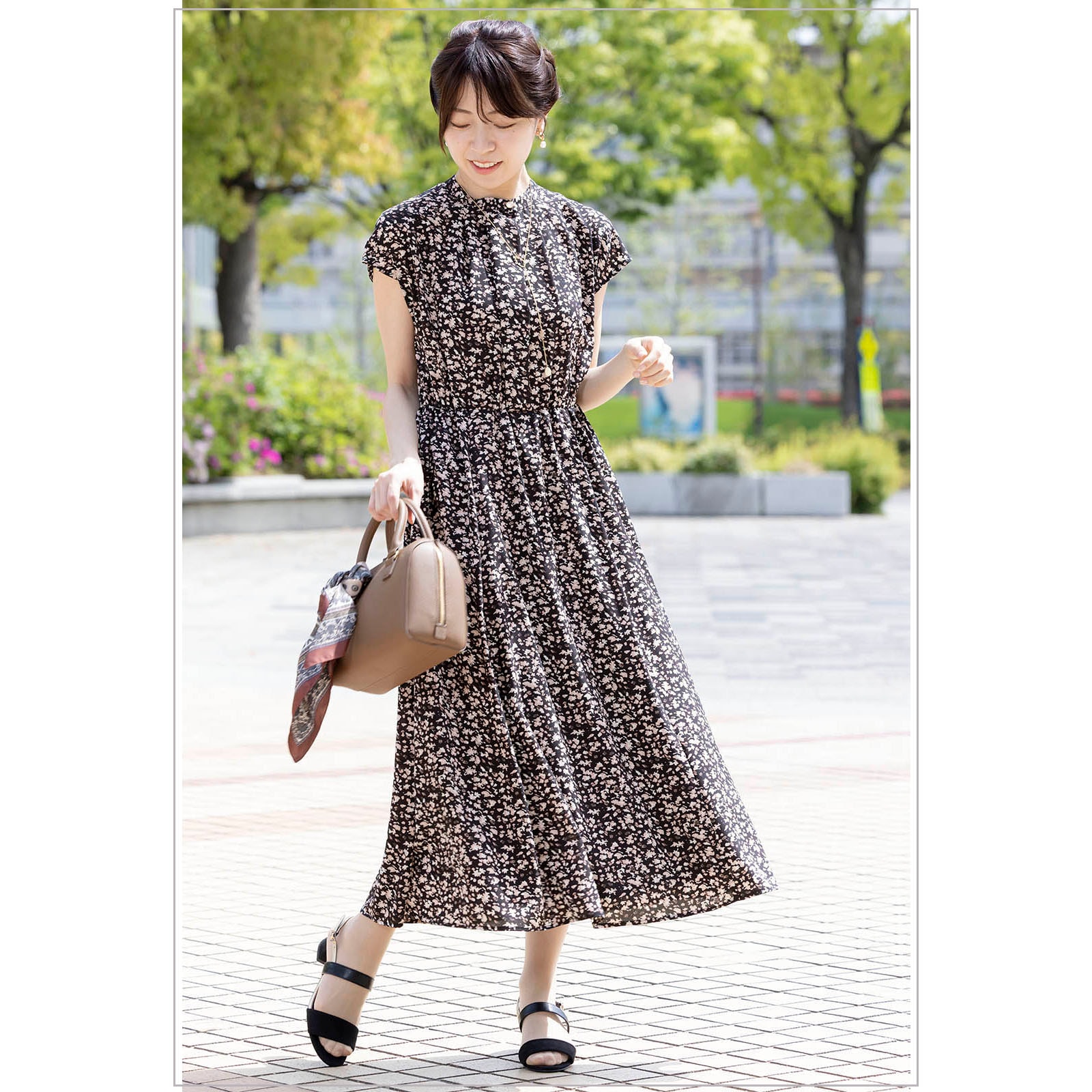 バンドカラープリントワンピース|レディースオフィスカジュアル通販BOW