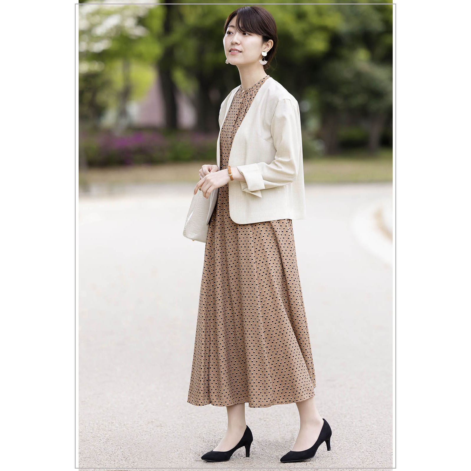 バンドカラープリントワンピース|レディースオフィスカジュアル通販BOW