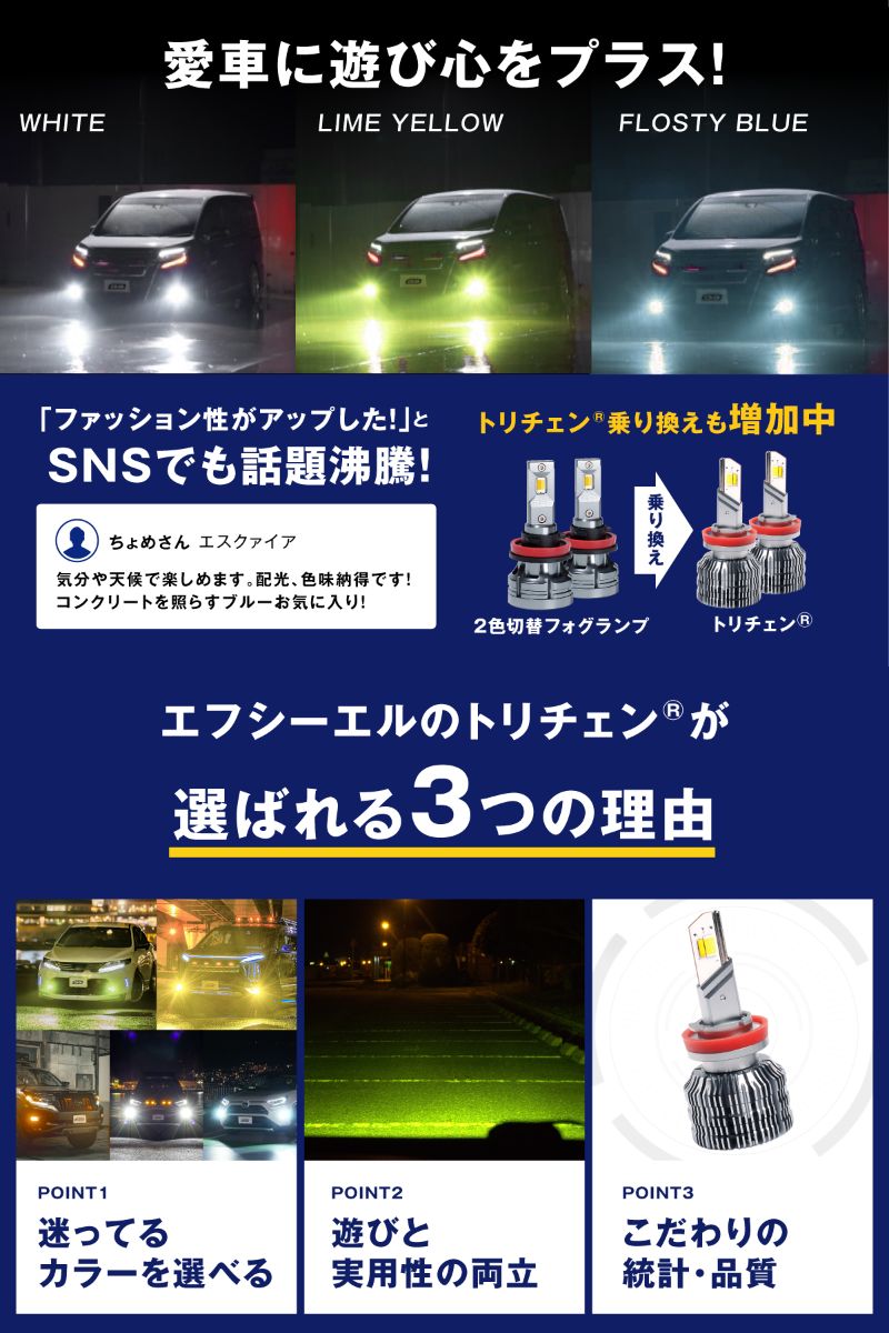 LEDフォグランプ H8/H11/H16 HB4 PSX26W 3色切り替え イエロー