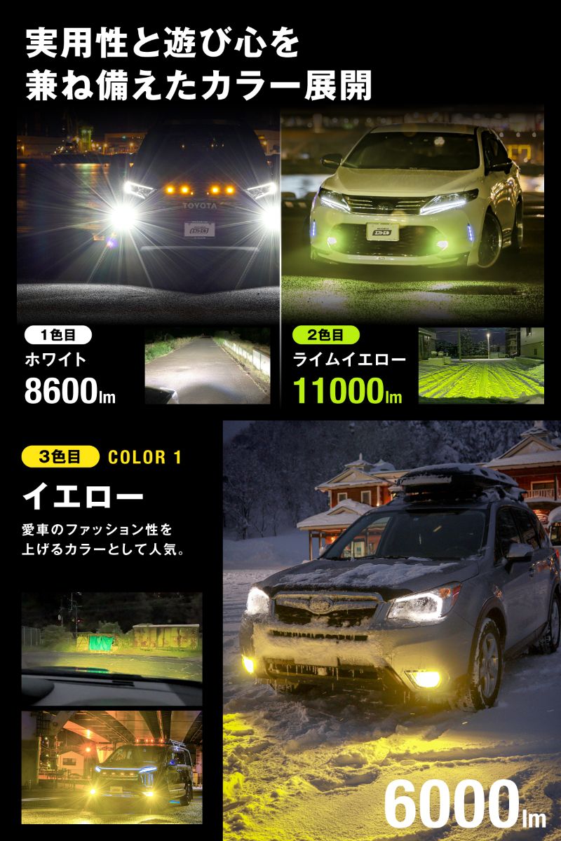 LEDフォグランプ H8/H11/H16 HB4 PSX26W 3色切り替え イエロー