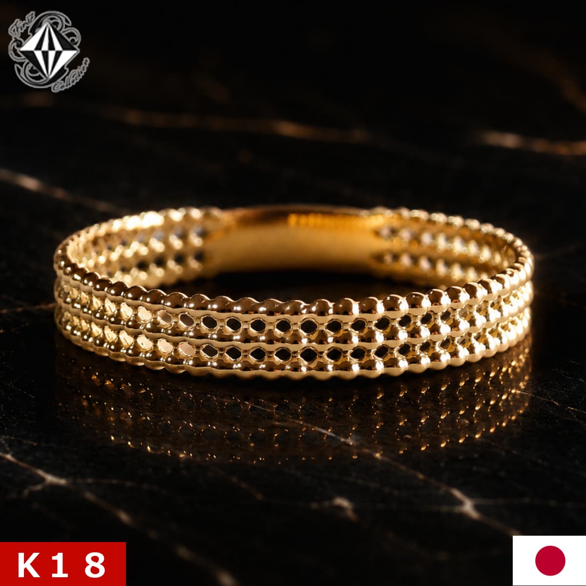 レディース 18金 3連 ミルリング triple mill ring 粒 重ね付け風 デザイン 指輪 K18 ピンク ホワイト ゴールド YG PG WG