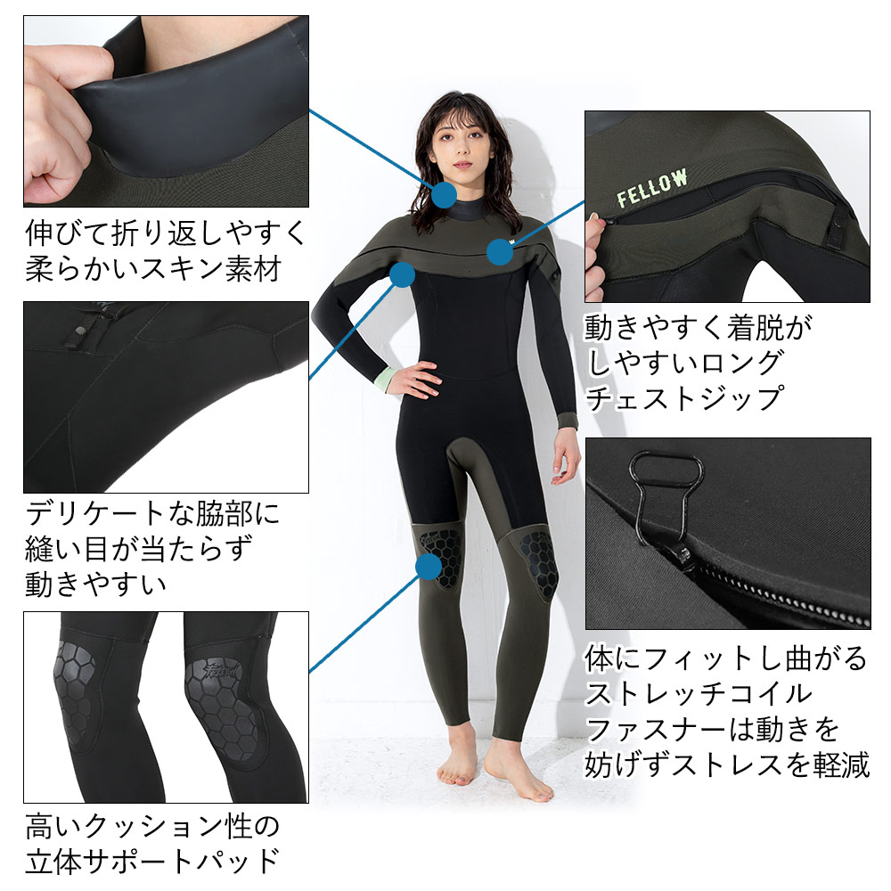 FELLOW レディース ロングチェストジップ フルスーツ 3mm S～LB