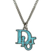 クリスチャン ディオール ロング ネックレス シルバー ライトブルー トロッター f-20770 美品 ロゴ メタル 中古 Christian Dior レア 24mm ビッグロゴ ストーン 箱付き 