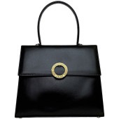セリーヌ トップハンドル バッグ f-21305 ブラック サークルロゴ 美品 ハンドバッグ レザー 中古 CELINE ヴィンテージ カーフレザー ロゴ 自立 フラップ シンプル 黒 ゴールド金具 
