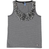 シャネル タンクトップ ec-21368 グレー ボーダー P56104 34 美品 クリーニング済み コットン リネン ポリアミド 中古 CHANEL ギンガムチェック XS フラワー ノースリーブ