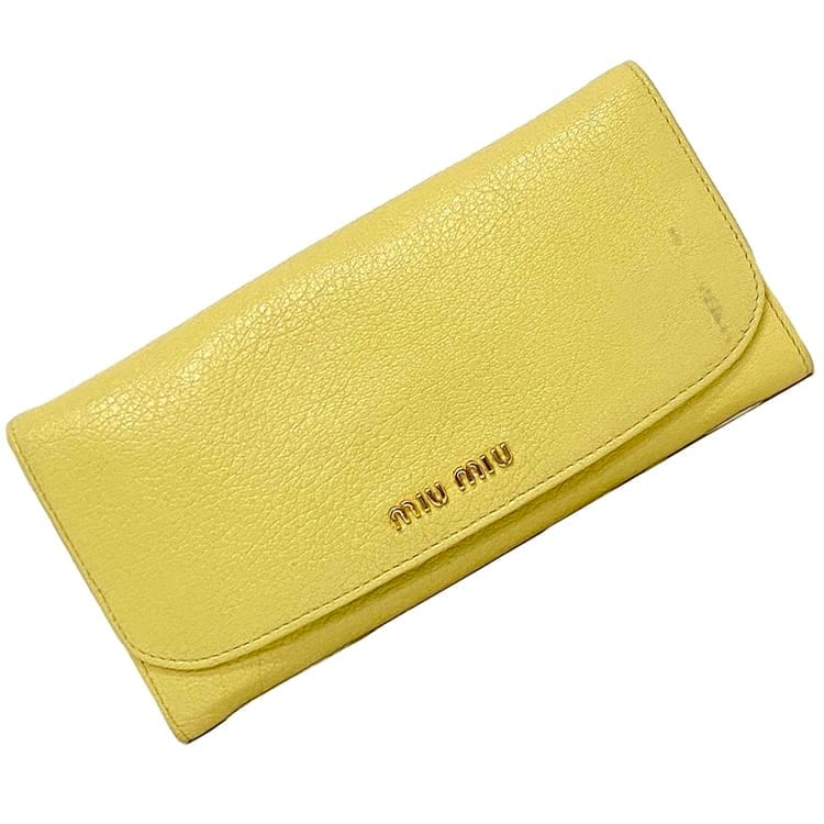 【X'masセール★30%OFF】ミュウミュウ MIUMIU 長財布マトラッセ ロゴ入り イエロー×ゴールド レディース 中古 ミュウミュウ 二つ折り 長財布 ec-22260 イエロー 財布 レザー 中古