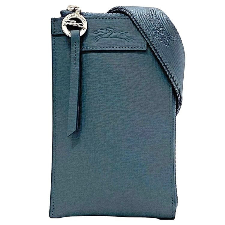 ロンシャン ショルダーバッグ スマホ ショルダー ec-22492 ブルー グレー 美品 レザー 中古 LONGCHAMP Ｌ字 ファスナー ポシェット ホルダー クロスボディ 定番 人気 女性 レディース お洒落 青色 灰色 革 シンプル 小さい コンパクト ブランド 本物 鑑定済み ロンシャン ショルダーバッグ スマホ ショルダー ec-22492 ブルー