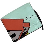 ロエベ 二つ折り 財布 ec-23031 ライトブルー レッド アナグラム ケンプライス レア レザー 中古 062040 LOEWE ロゴ 水色 赤 ホック ファスナー イラスト コラボ ロゴ刻印 