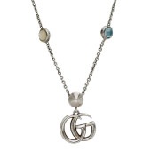 グッチ ロング ネックレス ec-23375 シルバー マーモント 美品 Ag 925 マザーオブパール ターコイズ ストーン 中古 GUCCI GG ロゴ ジュエリー アクセサリー 銀 カラーストー