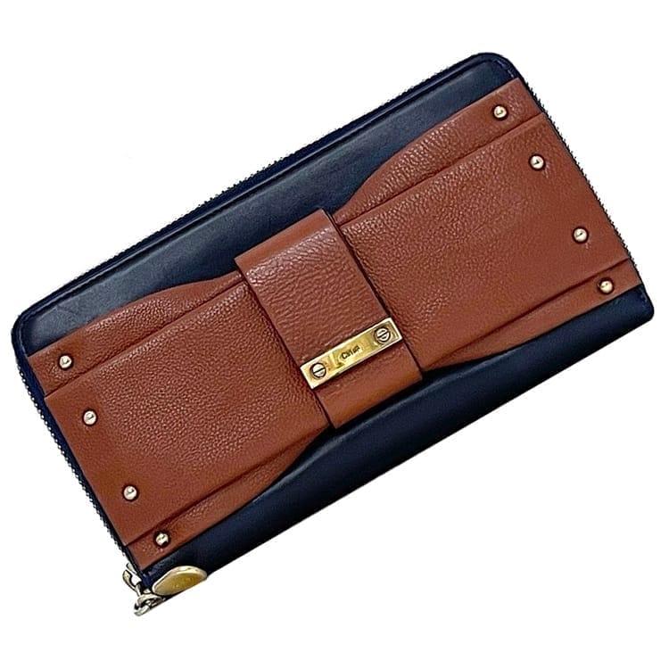 美品！Chloe クロエ ロングウォレット長財布 リボン ラウンドファスナー 青 クロエ ラウンドファスナー 長財布 ec-23589 ネイビー ブラウン