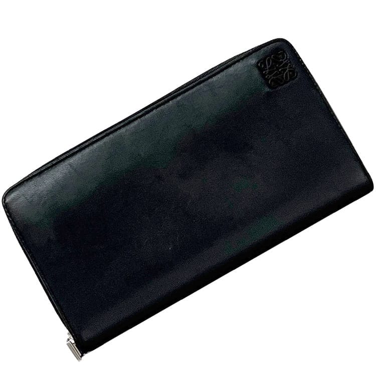 ロエベ　長財布　リネン　アナグラム　ロゴ型押し　ラウンドファスナー　黒　レザー ロエベ 長財布 リネン アナグラム ロゴ型押し ラウンド