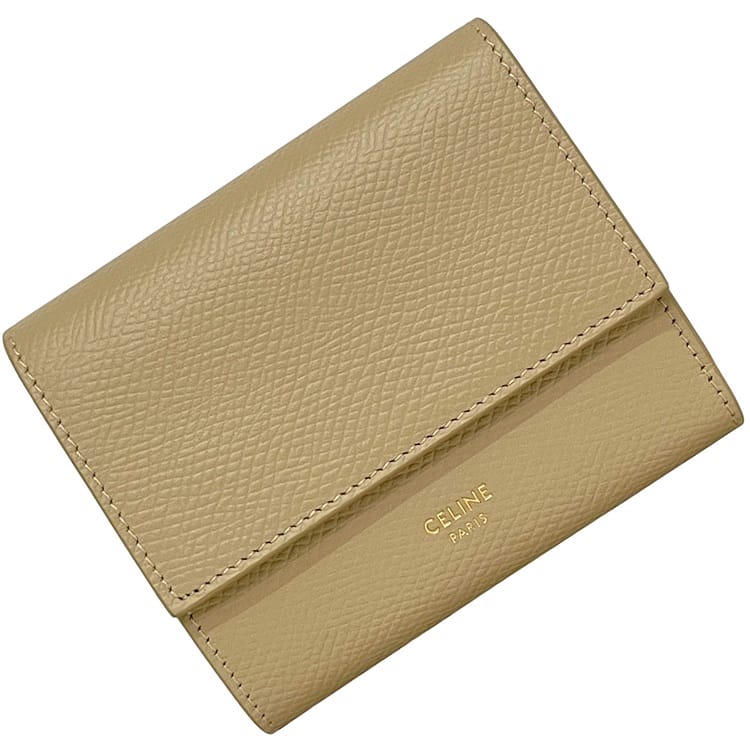 セリーヌ 三つ折り 財布 スモール トリフォールド ベージュ 10B573BEL 美品 レザー 中古 W-IE-4169 CELINE ロゴ ホック コンパクト ミニ グレインレザー メンズ レディース 男女兼用 定番 人気 シンプル セリーヌ 三つ折り 財布 スモール トリフォールド ベージュ 10B573BEL
