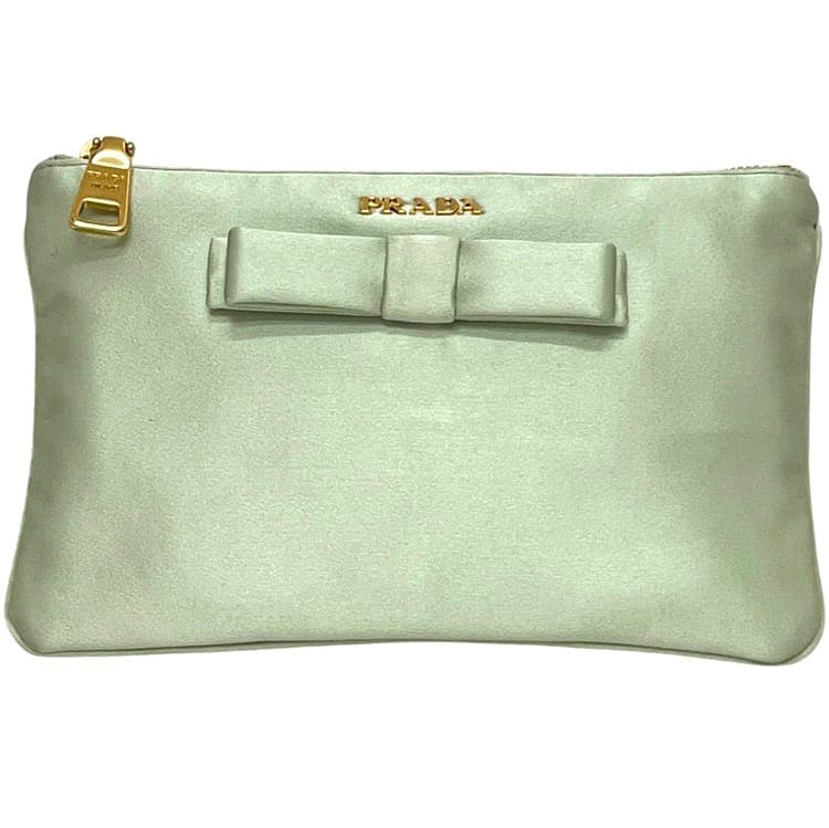 プラダ ポーチ ライトグリーン 美品 サテン 中古 210 PRADA リボン