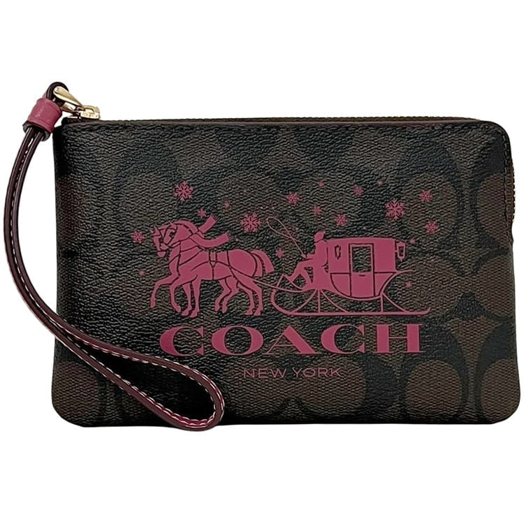 コーチ ポーチ ブラウン ピンク シグネチャー ホースアンドスレイ