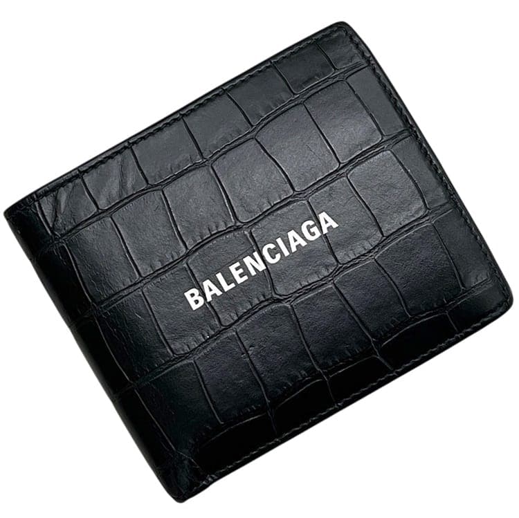 極美✨BALENCIAGAバレンシアガ財布二つ折り594315ロゴレザーブラック バレンシアガ 二つ折り 財布 ブラック 黒 594315 1000 0 203437 クロコ