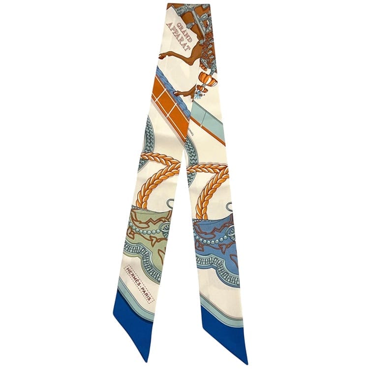 HERMES エルメス ツイリー GRAND APPARAT【盛装の馬】 エルメス リボン スカーフ ツイリー ベージュ ブルー 盛装の馬 GRAND