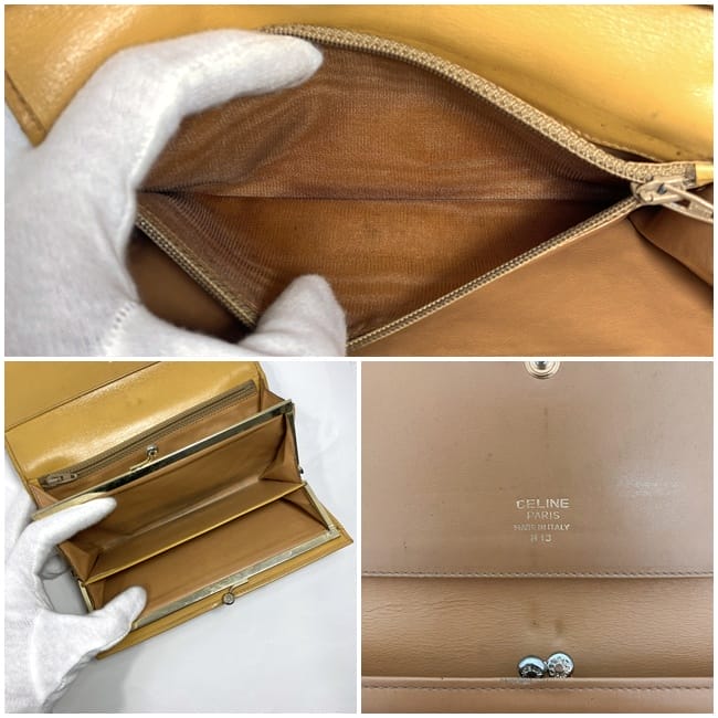 セリーヌ 二つ折り がま口 長財布 ec-22258 ブラウン キャメル マカダム 財布 PVC レザー 中古 M13 CELINE ロング がまぐち ホック ウォレット ヴィンテージ ロゴ 定番 人気 革 お洒落 女性 レディース 小物 レトロ エレガント 高級感 ブランド 本物 鑑定済み セリーヌ 二つ折り がま口 長財布 ec-22258 ブラウン キャメル
