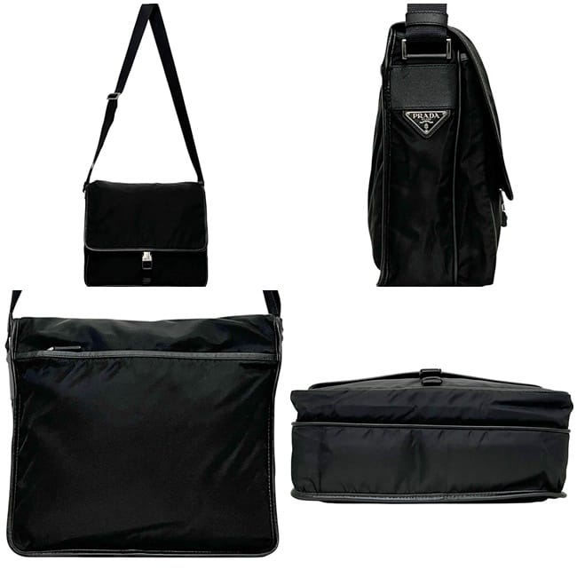 プラダ ショルダーバッグ ブラック NERO テスート V166 美品 ナイロン サフィアーノ レザー 中古 165 PRADA フラップ 黒 軽量 クロスボディ シンプル 三角 ロゴ プレート メンズ レディース 定番 人気 男女兼用 プラダ ショルダーバッグ ブラック NERO テスート V166 美品 ナイロン