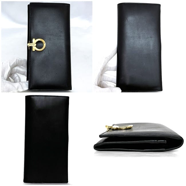 未使用級　Salvatore Ferragamo 折り財布　ガンチーニ　黒 サルヴァトーレ フェラガモ 二つ折り 長財布 ec-23888 ブラック