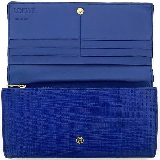 【超美品】LOEWE ロエベ アマソナ アナグラム 2つ折り長財布 ブルー ロエベ 二つ折り 長財布 ec-22032 ブルー リネン 財布 レザー