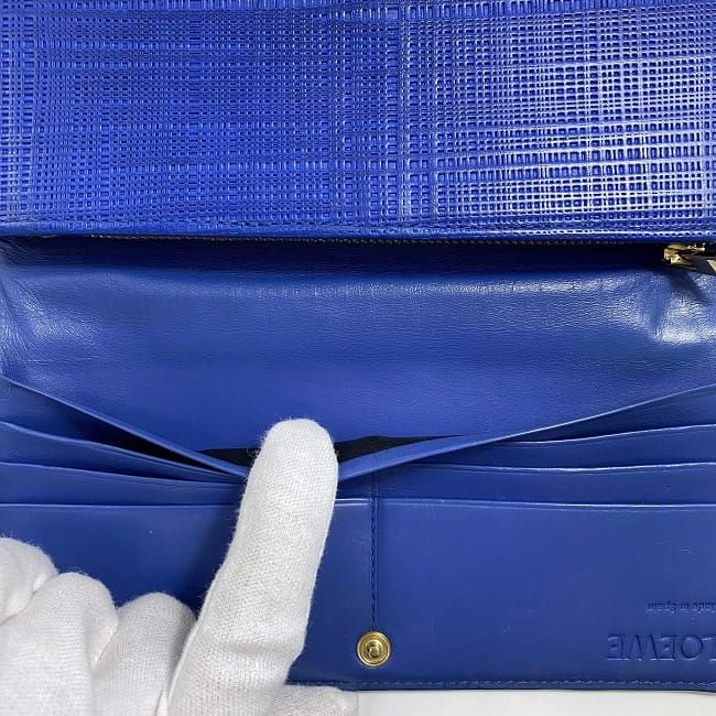 ロエベ 二つ折り 長財布 ec-22032 ブルー リネン 財布 レザー