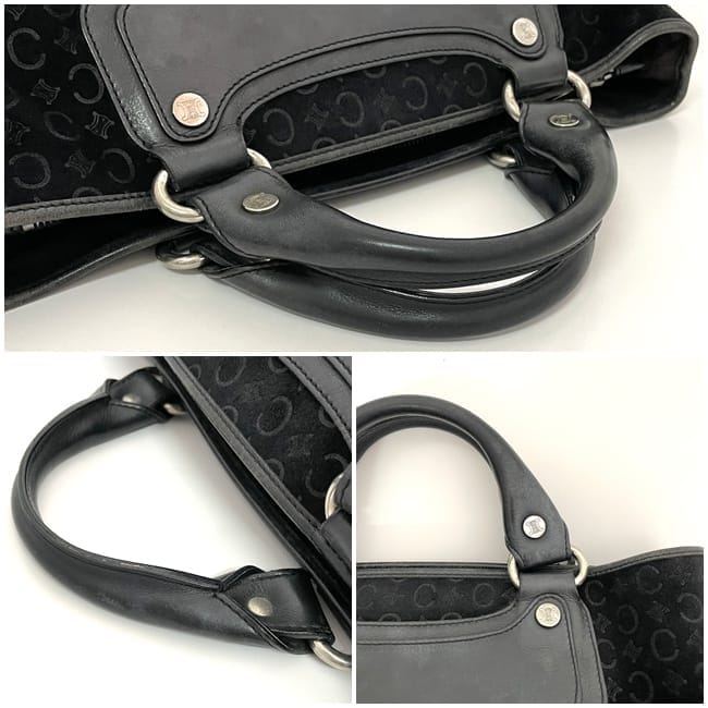 セリーヌ ハンドバッグ ブギーバッグ ec-23387 ブラック Ｃマカダム 美品 スエード レザー 中古 CE00/23 CELINE ロゴ マカダム 総柄 定番 人気 女性 レディース バッグ 黒色 黒 革 お洒落 シンプル 通勤 通学 仕事 ビジネス 高級感 上品 ブランド 本物 鑑定済み セリーヌ ハンドバッグ ブギーバッグ ec-23387 ブラック Cマカダム 美