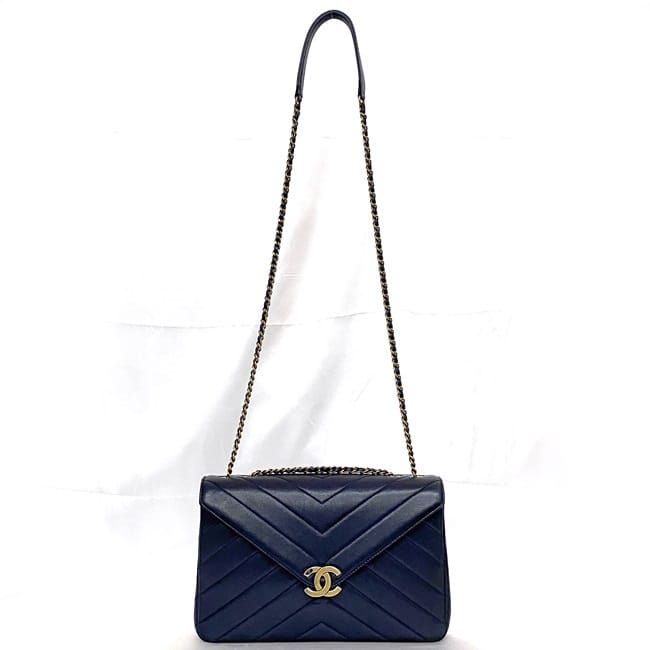 ヴィンテージ☆CHANEL☆限定ブルーショッパーショルダーバッグ シャネル チェーン ショルダーバッグ ネイビー Vステッチ f