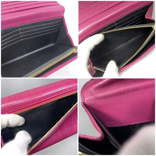 ロエベ 二つ折り 長財布 ピンク ゴールド リネン 美品 レザー