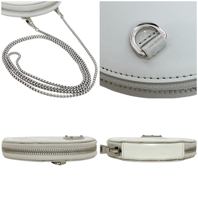 プラダ ショルダーバッグ ホワイト 1NA003 美品 ラウンド チェーン バッグ レザー 中古 85 PRADA ラウンド 白 丸 ミニ ポシェット ファスナー 三角 ロゴ プレート ファスナー ミニバッグ レディース 女性 定番 人気 プラダ ショルダーバッグ ホワイト 1NA003 美品 ラウンド チェーン