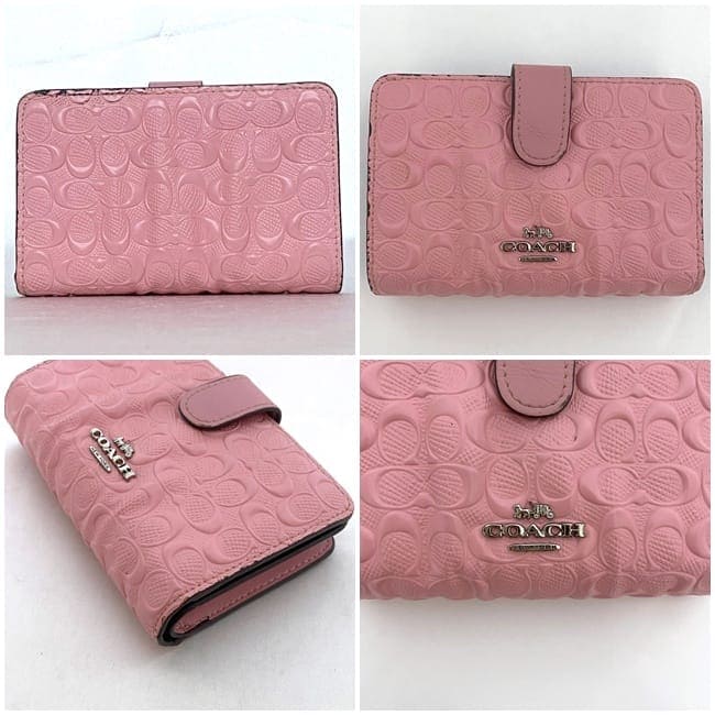 未使用品 COACHコーチシグネチャーレザー折財布/パウダーピンク COACH コーチシグネチャー パテントレザーピンク二つ折り財布