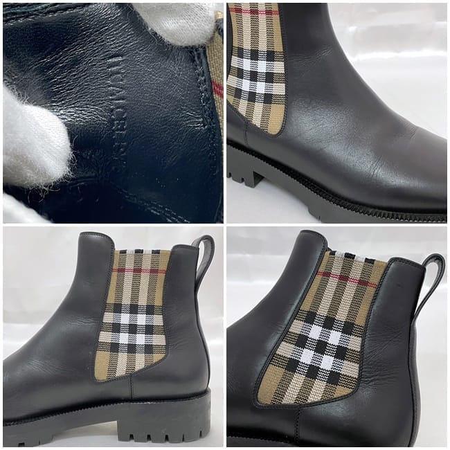BURBERRY◆レザー チェルシーブーツ バーバリー ブーツ チェックパネル チェルシーブーツ ec-23684