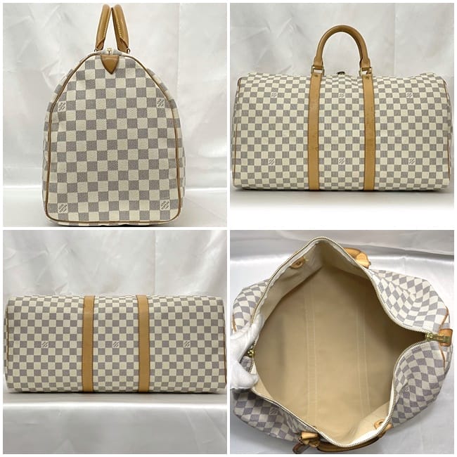 ルイ ヴィトン ボストンバッグ キーポル 50 ec-22816 ホワイト グレー ベージュ ダミエ アズール N41430 美品 ダミエキャンバス ヌメ革 中古 MB2007 LOUIS VUITTON 旅行鞄 白 ファスナー 鍵付き 大容量 軽い 50cm ロゴ レディース メンズ ブランド 本物 鑑定済 ルイ ヴィトン ボストンバッグ キーポル 50 ec-22816 ホワイト グレー