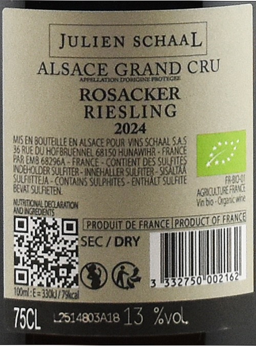 リースリング・グラン・クリュ・ロザケール・カルケール 2024 / ジュリアン・シャール